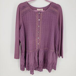 LOGO by Lori Goldstien Lavish Embroidered Eyelet Lace Tunic Top XL Mauve Purple